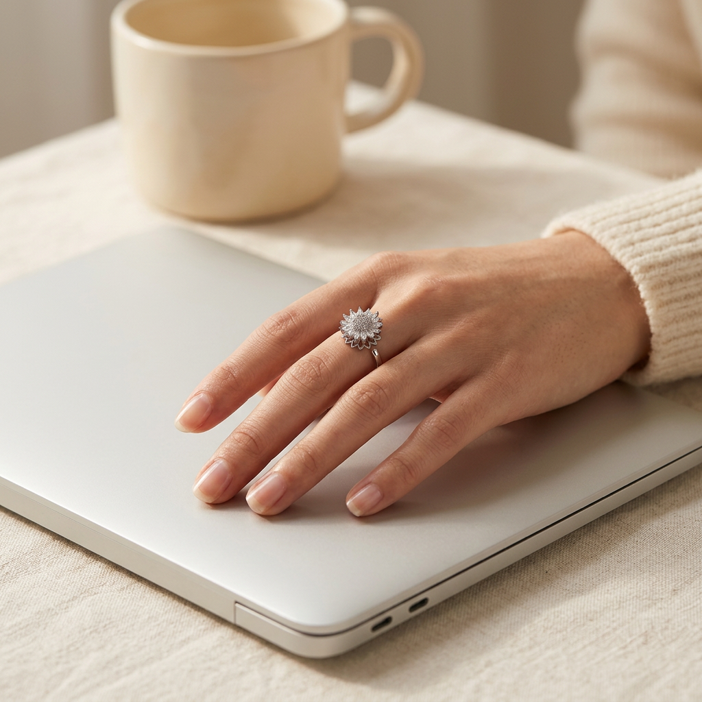 Hand on laptop wearing Neurings ring