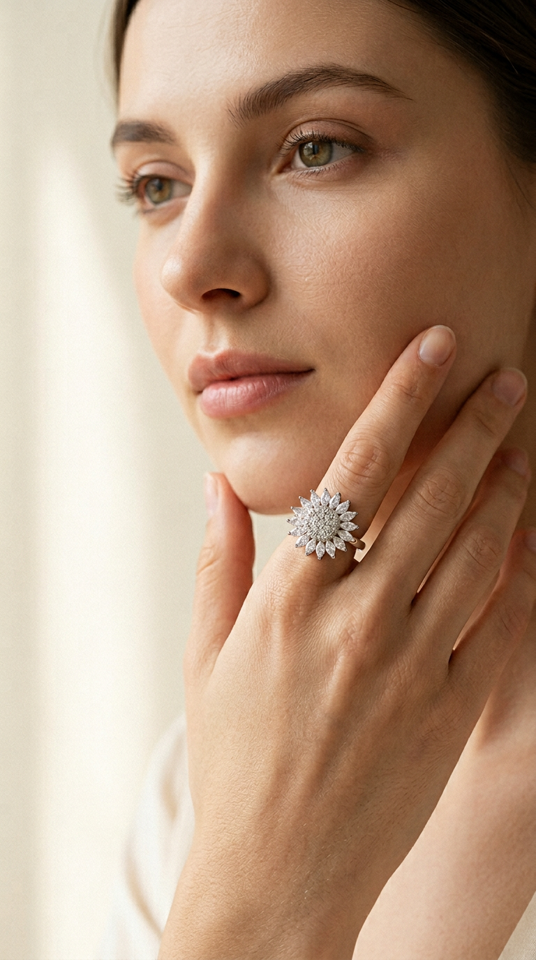 Young woman wearing the Neurings silver fidget ring